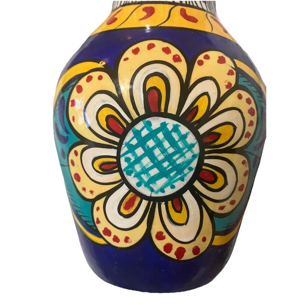 Vintage Latin Folk Art Pottery 8’ Terracotta Hand Painted Ethnic Floral Vase